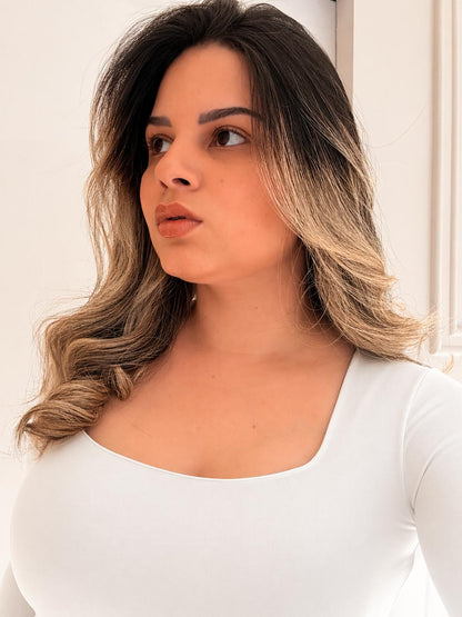 Blusa Gola Quadrada Manga Longa em Poliamida