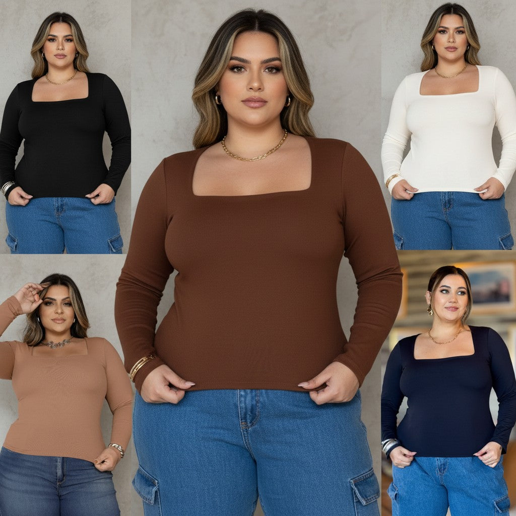 Blusa Gola Quadrada Manga Longa em Poliamida