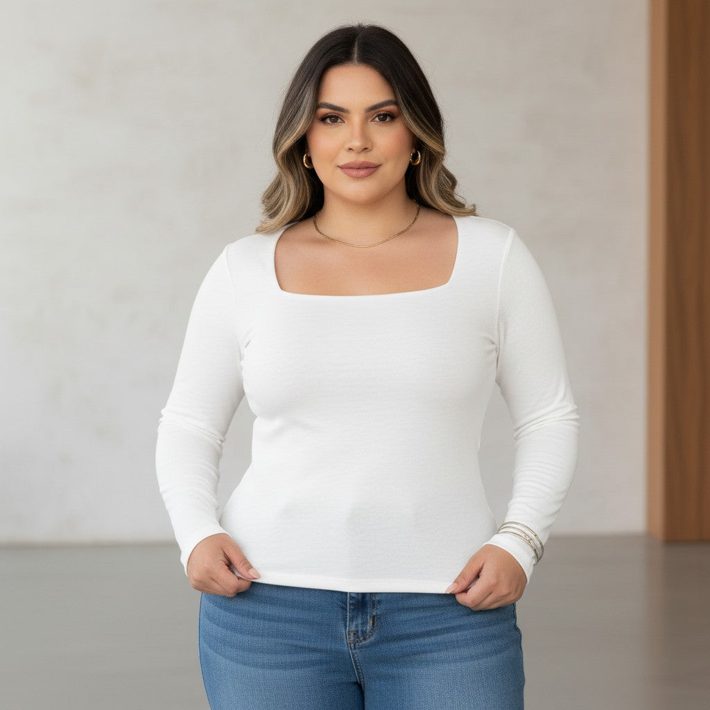 Blusa Gola Quadrada Manga Longa em Poliamida