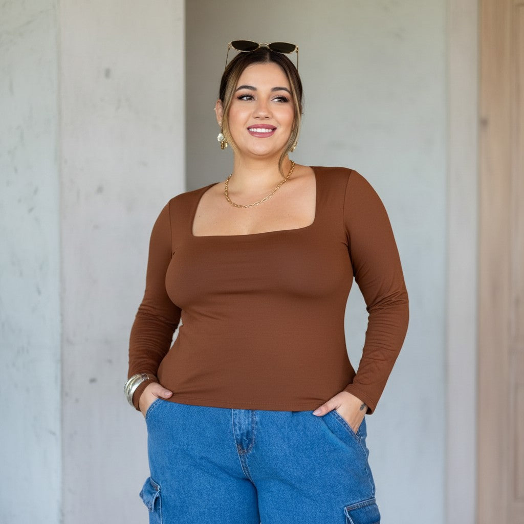 Blusa Gola Quadrada Manga Longa em Poliamida