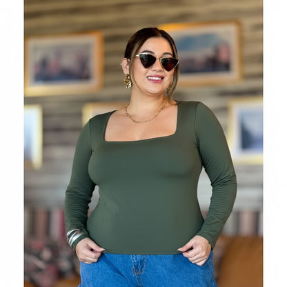 Blusa Gola Quadrada Manga Longa em Poliamida